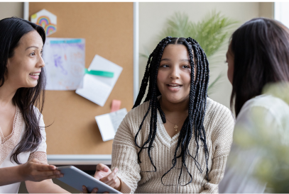  Teacher, student, parent talking